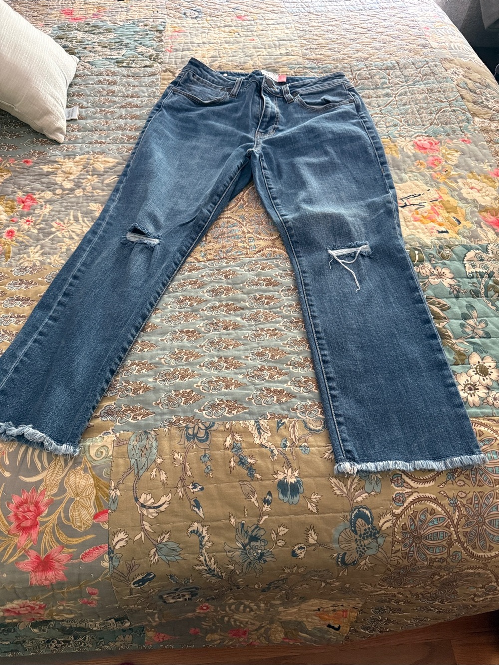 CAbi Dark Blue Cropped Distressed Straight Jeans